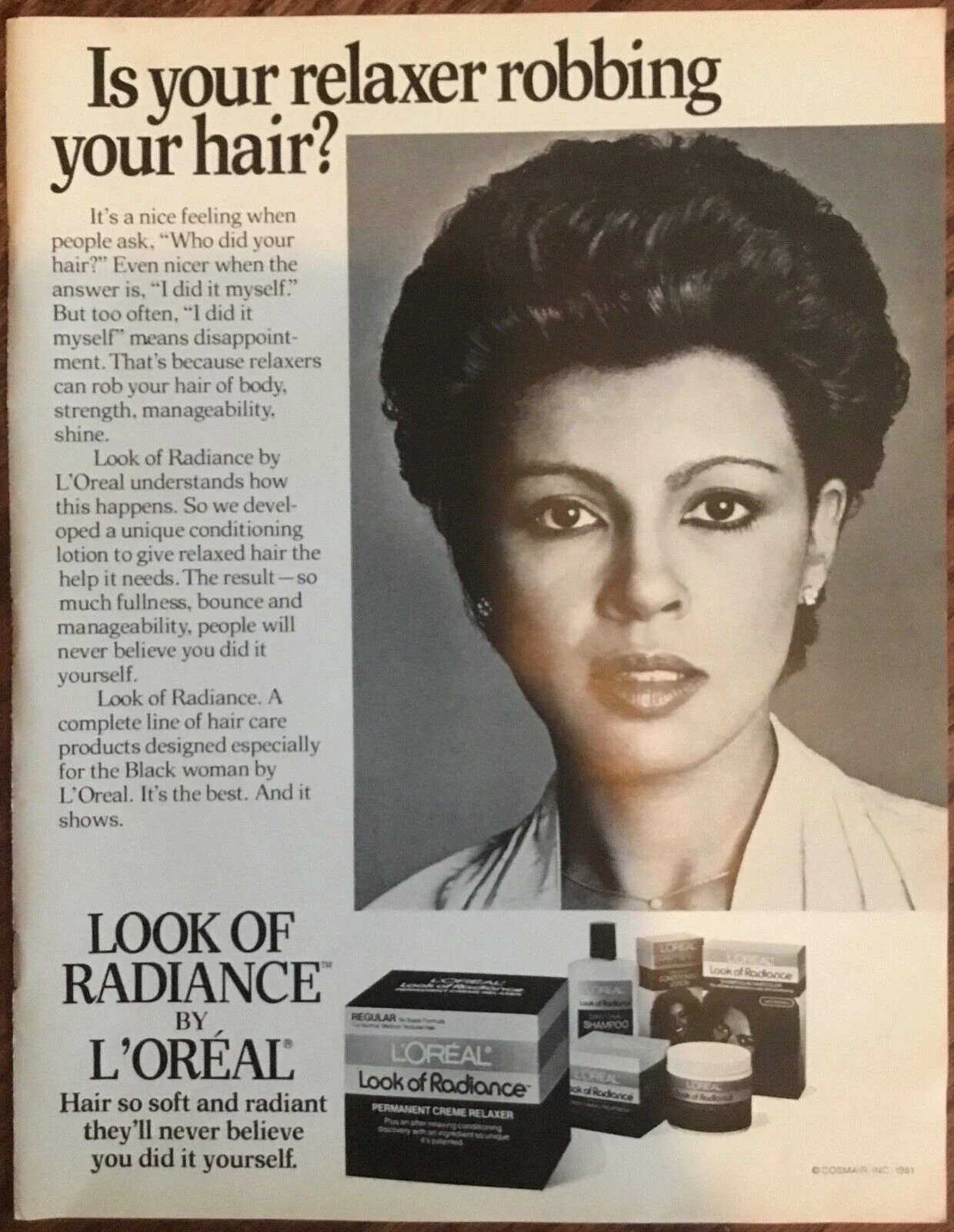 Historical Look of Radiance by L’Oréal advertisement with a model and hair-care packaging, reproduced on page 17 of the complaint.