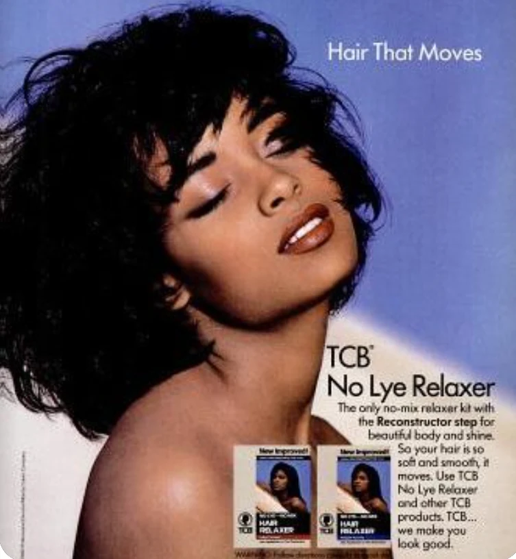 Historical TCB No Lye Relaxer advertisement with a model against a blue background and familiar product boxes, reproduced on page 21 of the complaint.