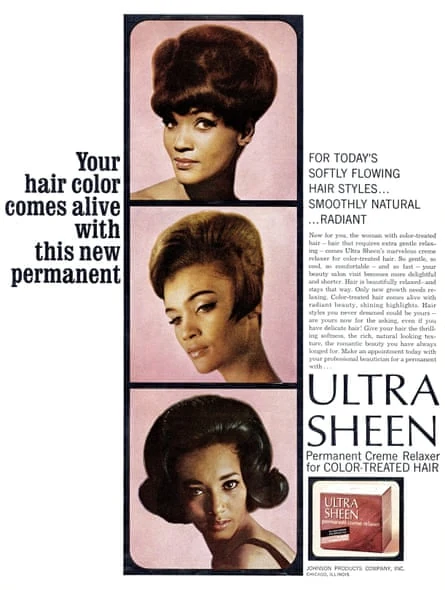 Historical Ultra Sheen advertisement showing three hairstyles and a permanent crème relaxer box, reproduced on page 16 of the complaint.